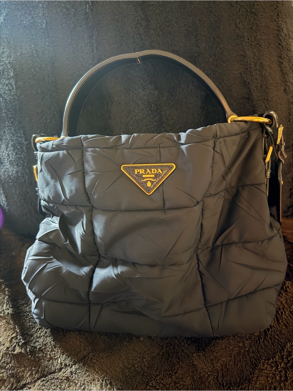 Prada Black Quilted Nylon Shoulder Bag with Gold Hardware